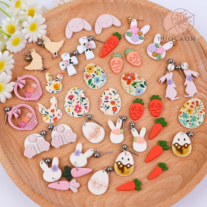 Puocaon Easter Polymer Clay Cutters - 15 Pcs Clay Cutters for Easter Polymer Clay Earrings Making, Rabbit Carrot Cross Clay Cutters, Cartoon Rabbit Head Clay Cutters for Polymer Clay Jewelry