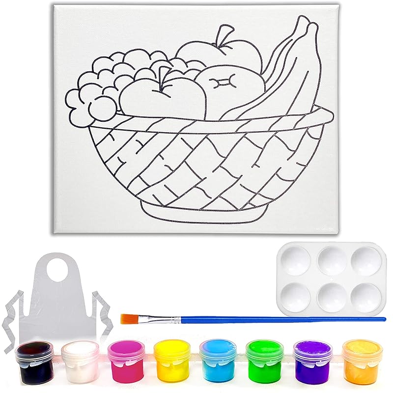 Indigo Art Studio Pre Drawn Canvas Paint Kit for Adults Kids Couples | Stretched & Stenciled | Art Activity | Fruit Bowl Still Life | Birthday & Sip and Paint With Twist Party Favor (8x10 Inches)