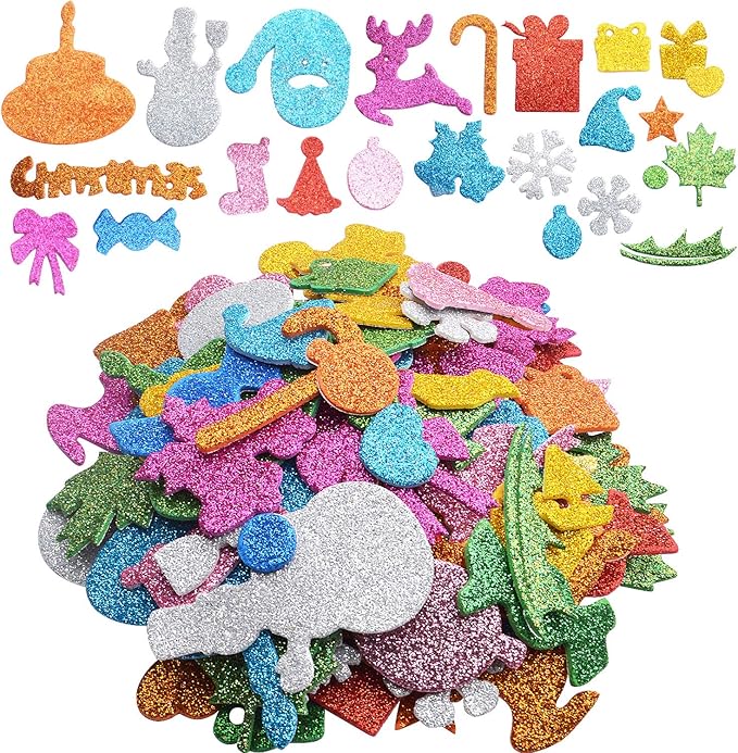 Foam Christmas Stickers,100pcs Glitter Self-Adhesive EVA Stickers Xmas Snowman Snowflake Cake Tree Gift Sugar Foam Stickers for Classroom Decorations Crafts DIY Scrapbooking Card