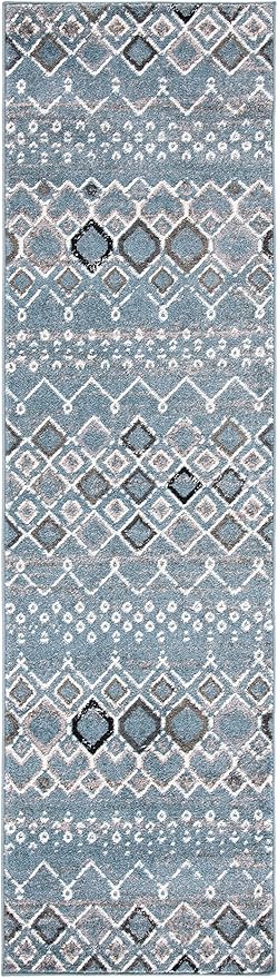 SAFAVIEH Amsterdam Collection Runner Rug - 2'3" x 12', Blue & Ivory, Moroccan Boho Design, Non-Shedding & Easy Care, Ideal for High Traffic Areas in Living Room, Bedroom (AMS108L)