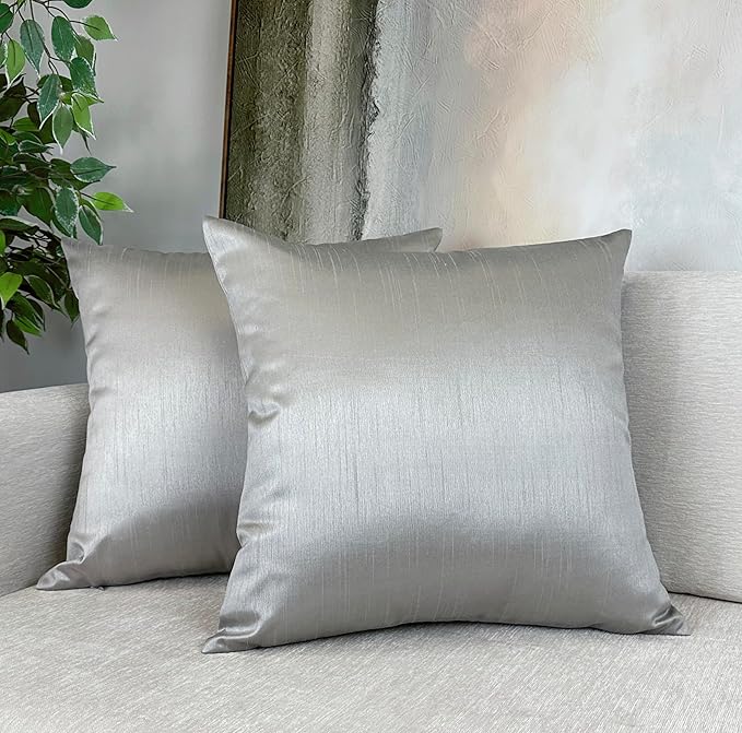 Aiking Home 20x20 Inches Faux Silk Square Throw Pillow Cover, Zipper Closure, Silver (Set of 2)