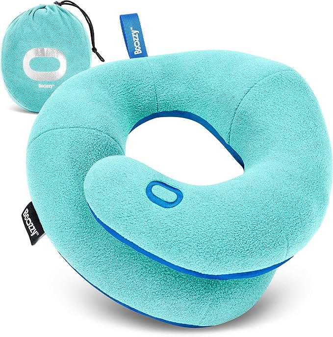 BCOZZY Kids Chin Supporting Travel Pillow for Ages 8–12- Patented Soft Neck Pillow for Head and Chin Support in Car Seat and Airplane. Comfortable Travel Essential. Medium Size, Bag, Light Blue