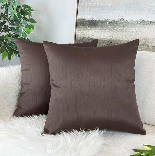 Aiking Home 18x18 Inches Faux Silk Square Throw Pillow Cover, Zipper Closure, Brown (Set of 2)