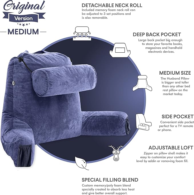 Husband Pillow Medium Dark Blue, Backrest for Kids, Teens, Petite Adults - Reading Pillows with Arms, Adjustable Loft, Plush Memory Foam, Bed Rest Chair Sitting Up, Detach Neck Roll, Removable Cover