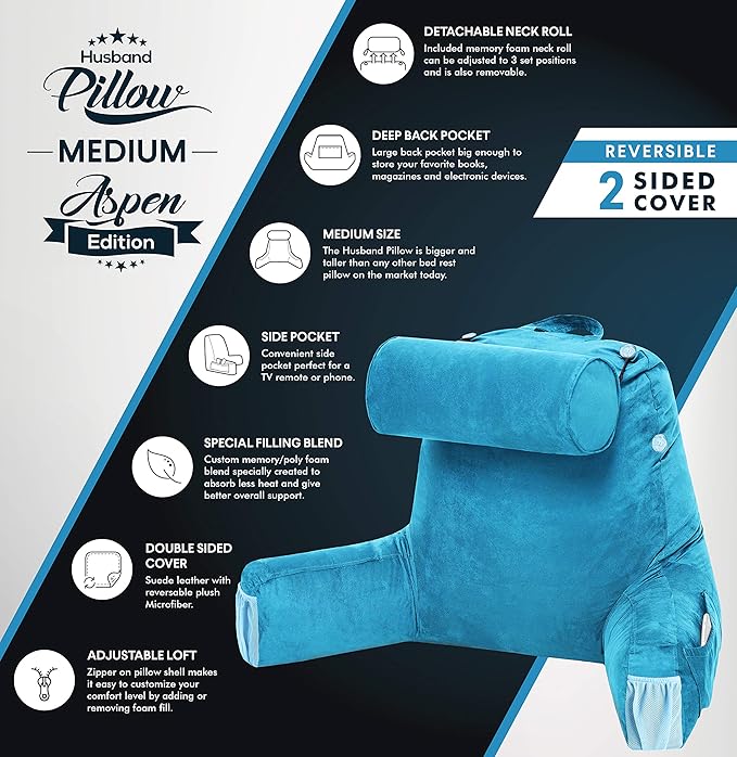 Husband Pillow Medium Aspen Edition Rodeo Blue, Sit Up Reading & Bed Rest with Arms, Ultra-Comfy, Detach Neck Roll - Premium Shredded Memory Foam Backrest, Reverses to Micro: Suede or Plush