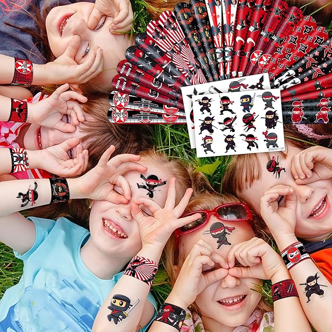 48PCS Ninja Party Favors - 24PCS Tattoos & 24PCS Slap Bracelets - Ninja Birthday Party Supplies, Samurai Baby Shower Decorations, Gifts, Classroom Prizes for Boys & Girls