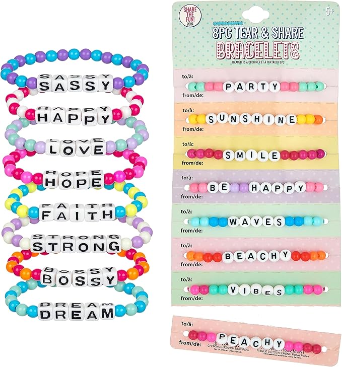Expressions 16pc Tear & Share Bracelets w/ PASTEL Beads - Novelty Message Bracelets To Share With Friends, Colorful Letter Beaded Bracelets, Shareable Party Favor Jewelry For Kids And Teens