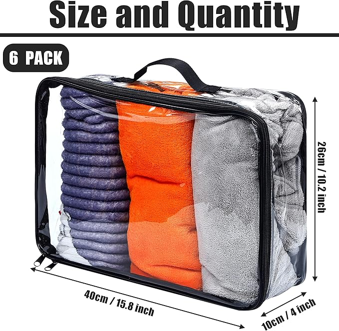 6 Pieces Large Clear Travel Packing Cube Clear Vinyl Zippered Storage Bags See Through Moving Bag PVC Multipurpose Pouch with Handle for Suitcase Shirts Dress Storage (Black, 15.8 x 10.2 x 3.9 Inch)