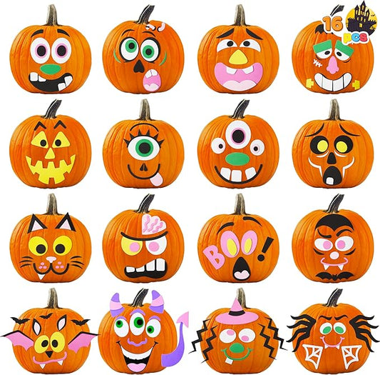 JOYIN 16 Packs Halloween Pumpkin Stickers Foam Craft Kit, Halloween Party Favors for Kids, Party Supplies Arts Activities, Pumpkin Decorating Stickers, Jack O Lantern Face Sticker School Games Gifts