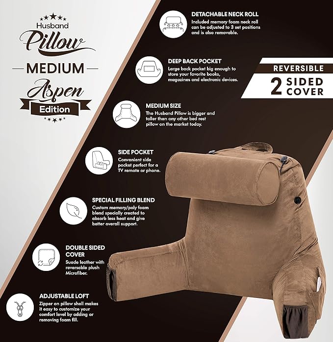 Husband Pillow Medium Aspen Edition Saddle Brown, Sit Up Reading & Bed Rest with Arms, Ultra-Comfy, Detach Neck Roll - Premium Shredded Memory Foam Backrest, Reverses to Micro: Suede or Plush