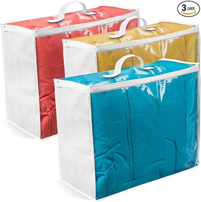 3 pack Clear Plastic Storage Bag with Zipper, Foldable Moving Bag for Comforters, Blankets, Bedding, Storage Containers, Breathable, Durable Clothes and Duvet Closet Organizers, 18x15x9