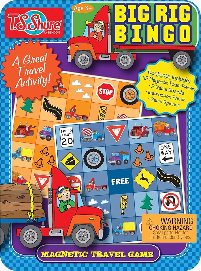 Bendon TS Shure Big Rig Trucks Bingo Games Mini Magnetic Activity Tin with Spinner and Foam Magnet Sheet 50523
