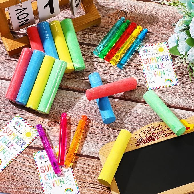 36 Pcs End of Year Student Gifts 12 Sidewalk Chalk 12 Mini Bubble Wands Gift 12 Chalk Full of Fun Blessing Card for Party Supplies Classroom Kids Kindergarten Graduation(Circular Style)