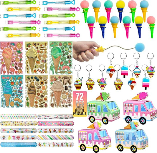 Ice Cream Party Favor 72 PCS Slap Treat Box Bracelets DIY Stickers Icecream Cone Foam Ball Keychain Bubble Gift Rewards for Kids Candyland Birthday Supply