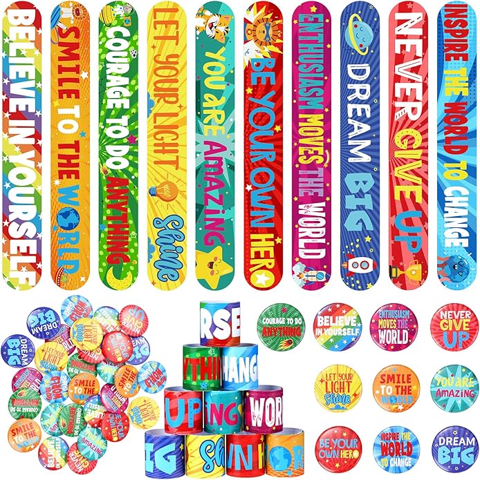 Frienda Inspirational Gift Set Motivational Slap Bracelets with Button Pins Encourage Bracelet for Students School Rewards Gifts