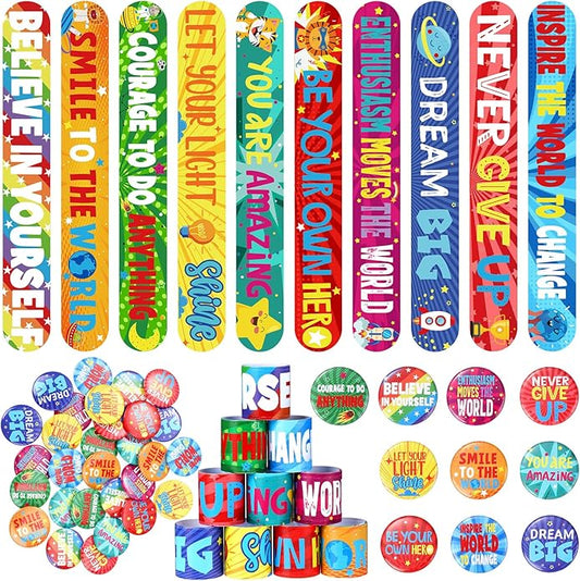 Frienda Inspirational Gift Set Motivational Slap Bracelets with Button Pins Encourage Bracelet for Students School Rewards Gifts