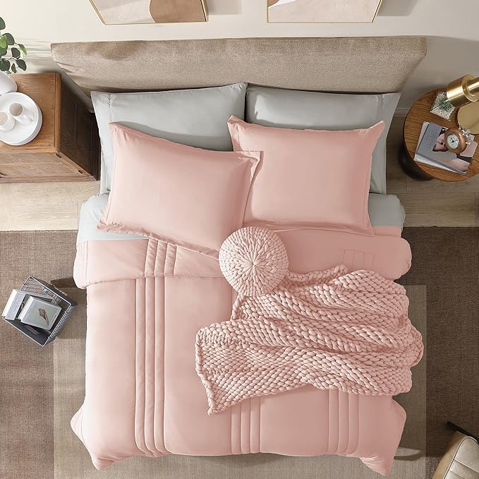 Monbix Full Comforter Set - 7 Pieces Light Pink Bed in a Bag Full Size Bedding Sets with Comforters, All Seasons Comforter with Sheets, Pillowcases & Shams