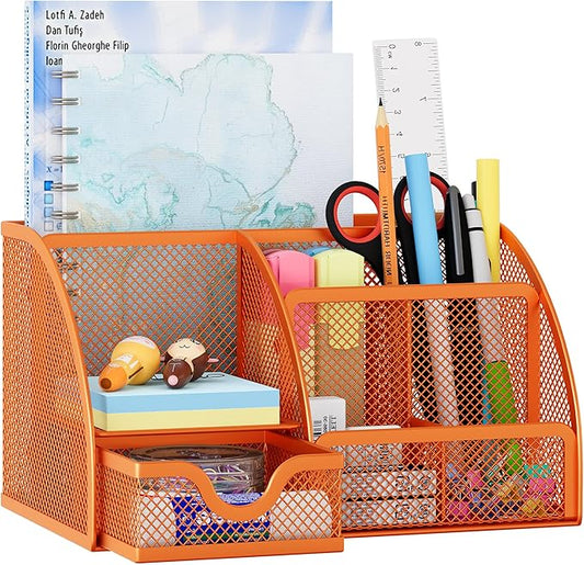 EasyPAG Mesh Desk Organizer with Drawer Multi-Functional Pen Holder Stationery Organizer for Office School Supplies 6 Compartments Dorm Organizers and Storage for Desk, Orange