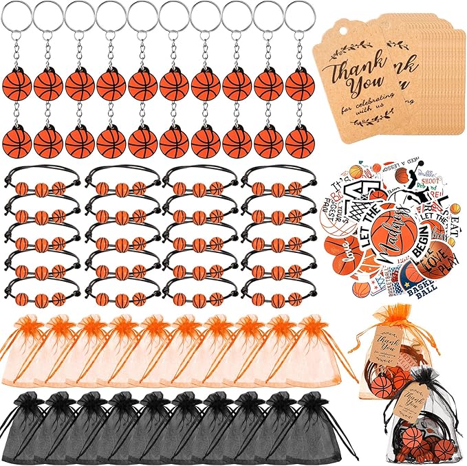 Basketball Party Favor Set Basketball Gift Bulk Charm Bracelets Keychains Sticker Organza Bags Thank You Tags for Basketball Team Party Supplies Boy Girl Classroom Reward Decoration Outdoor(130 Pcs)