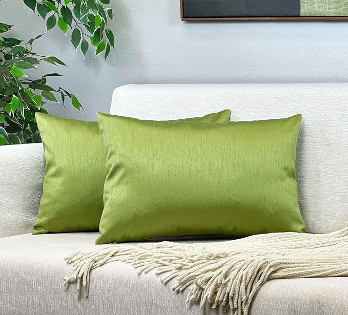 Aiking Home 12x18 Inches Faux Silk Rectangular Throw Pillow Cover, Zipper Closure, Green (Set of 2)
