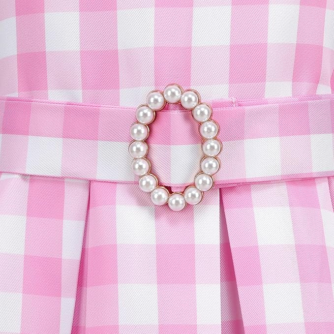 Girls Pink Costume Dress Movie Heroine Cosplay Outfit Gingham Dress for Kids Party Birthday Dress Up