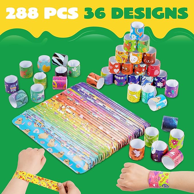 JOYIN 288 Pcs Slap Bracelets Party Favors - 36 Designs with Cute and Colorful Themes - Perfect for kids Easter Party Favors, Valentine Classroom Prizes Exchanging Gifts