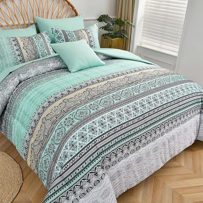 Cottolester Boho Comforter Set Queen Size,8 Piece Bed in a Bag Sage Green Paisley Comforter and Sheet Set,Striped Bedding Set Soft Microfiber Complete Bedding Set