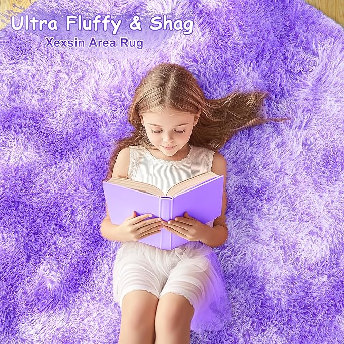 Xexsin Round Fluffy Rugs 5Ft for Girls Bedroom, Tie-Dyed Purple Shag Circle Kids Rug Non-Slip for Bedside Dorm Nursery Playroom, Soft Cute Area Rugs for Living Room Decor