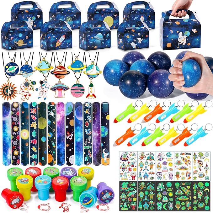 Golray 84pcs Space Party Favors Box Stress Balls Glow In Dark Tattoos Stamp Necklace Toy Gift for Boy Kids Galaxy Birthday Party Supplies Stuffer Treat Gift Goodie Bag Filler