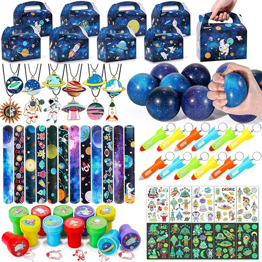 Golray 84pcs Space Party Favors Box Stress Balls Glow In Dark Tattoos Stamp Necklace Toy Gift for Boy Kids Galaxy Birthday Party Supplies Stuffer Treat Gift Goodie Bag Filler