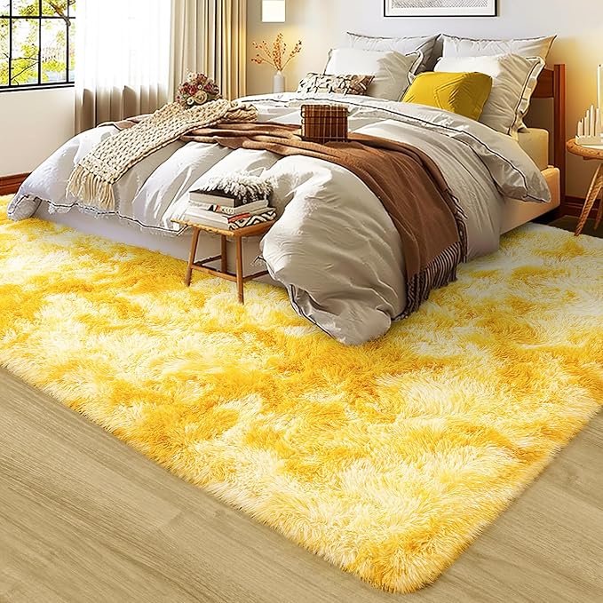 Xexsin Ultra Fluffy Area Rugs for Living Room Bedroom, 6x9 Fuzzy Large Living Room Rugs, Thick Shag Rug for Dorm, Soft Non Slip Kids Girls Boys Rug for Home Decor Aesthetic, Tie-Dyed Yellow