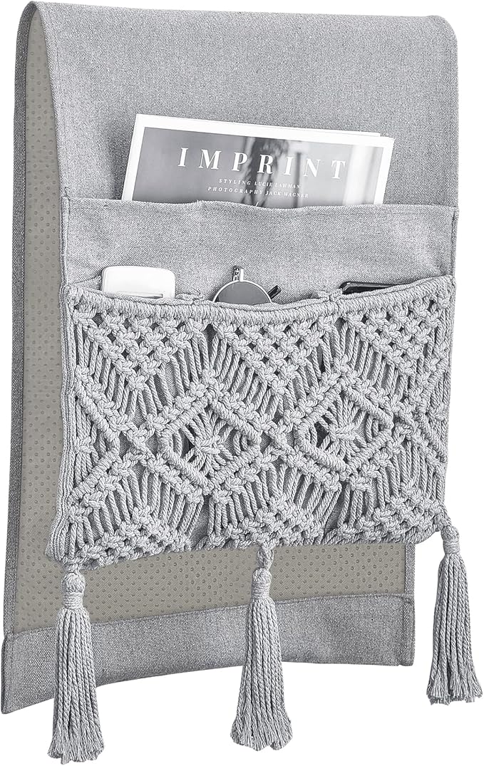 Mkono Macrame Couch Organizer Remote Control Caddy Sofa Armrest Armchair Bedside Storage Holder Bag for TV Remote, Magazine, Books, Cell Phone, iPad, Boho Living Room Home Dorm Decor, Grey