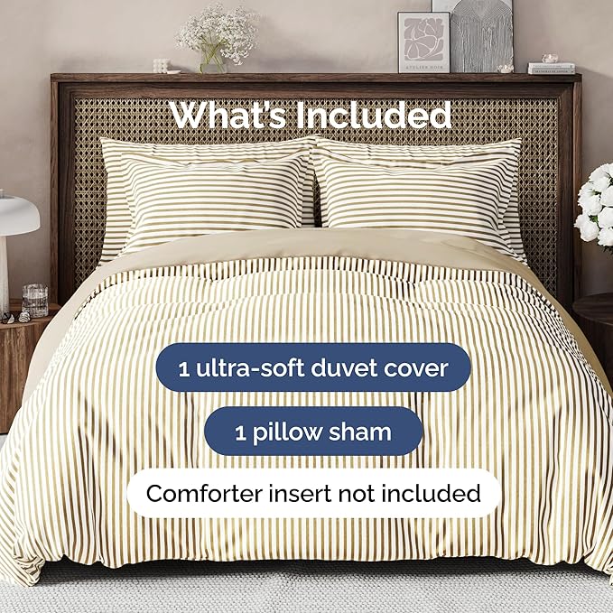 Duvet Cover Twin/Twin XL Size Set - Extra Soft Duvet Cover 68 x 90 with 1 Pillow Sham - Hotel Luxury, Easy Care & Fade Free w/ Zipper Closures & Ties - Comfy, Breathable Bedding Set (Beige Stripes 2)