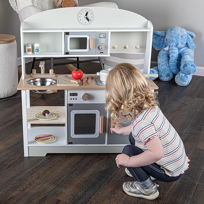 Hey! Play! Kids Kitchen Playset - Play Kitchen with Toy Microwave, Sink, Stovetop, Roaster, Utensils and Play Food - Wooden Play Kitchen for Toddlers