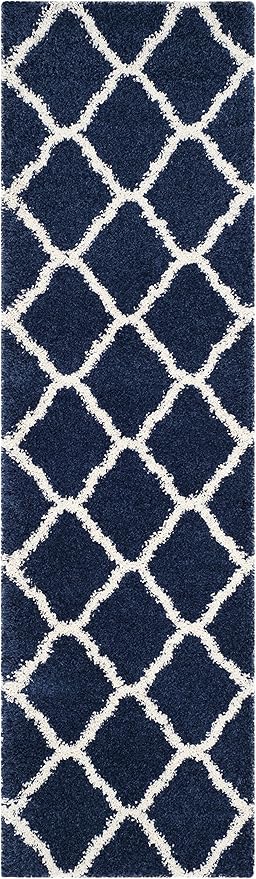 SAFAVIEH Hudson Shag Collection Runner Rug - 2'3" x 6', Navy & Ivory, Moroccan Trellis Design, Non-Shedding & Easy Care, 2-inch Thick Ideal for High Traffic Areas in Living Room, Bedroom (SGH283C)
