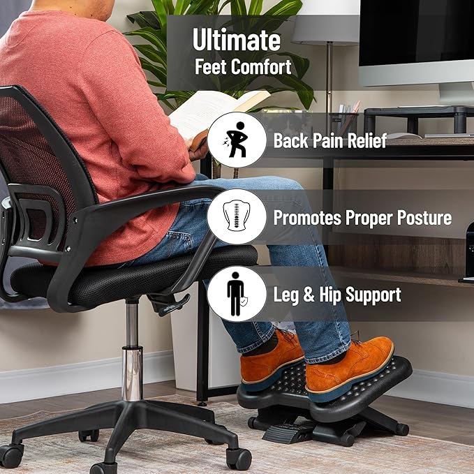 Mind Reader Foot Rest, Under Desk at Work, Ergonomic, Height Adjustable, Office, Plastic, 17" L x 13" W x 6.25" H, Set of 2, Black