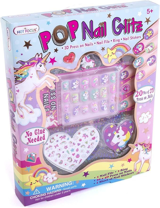 Hot Focus Unicorn Nail Art Kit - 3D Press On Nails, Stickers, File & Ring - 65 Piece Set for Girls 5+