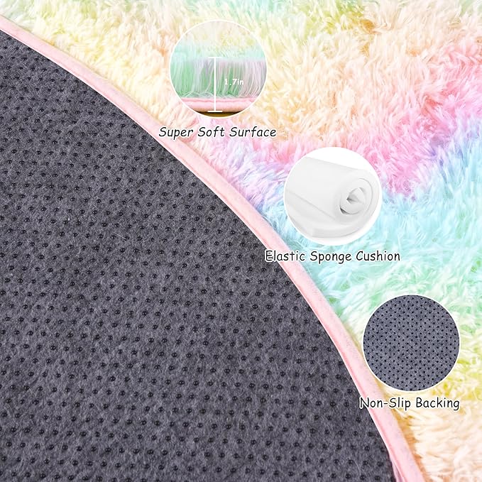 Xexsin Round Fluffy Rugs 8Ft for Girls Bedroom, Rainbow Shag Circle Kids Rug Non-Slip for Bedside Dorm Nursery Playroom, Soft Cute Area Rugs for Living Room Decor