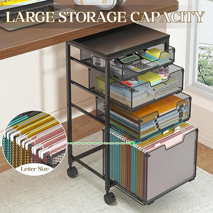 Rolling File Cart with 4 Storage Drawers, Filing Cabinet for Home Office, Hanging File Folder Organizer with Wheels Under Desk, Utility Craft Cart Printer Stand, Black, Patent Pending