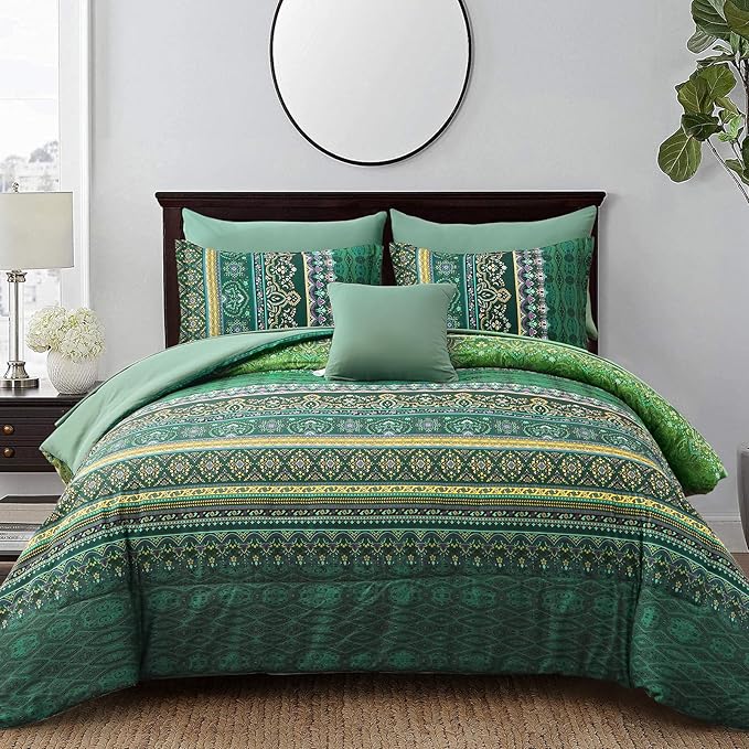Boho Green Comforter Set Full Size,8 Piece Bed in a Bag Bohemian Striped Bedding Quilt Set,Dark Green Paisley Floral Comforter and Sheet Set,Soft Microfiber Complete Bedding Sets for All Season