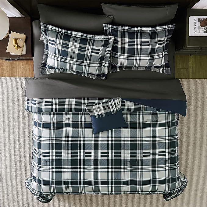 MaiRêve Queen Size Comforter Set Navy Blue, Classic Plaid Farmhouse 7 Pieces Bedding Set, All Season Lightweight Bed in a Bag with Sheets, Pillowcases & Shams