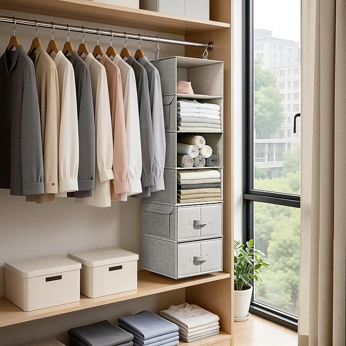 6-Shelf Hanging Closet Organizer with 3 Drawers, 6-Shelf Inseparable Closet Organizers and Storage for Wardrobe Organization, Hanging Dresser for Nursury & Dorm Clothes Organizer, Silver Gray