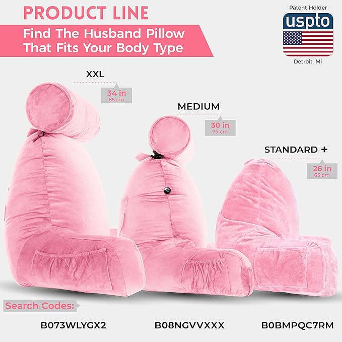 Husband Pillow Pink, Original Reading Pillow in Bed Rest Chair, Shredded Memory Foam Large Lounge Cushion Adult Backrest with Arms, Comfy Back Support for Sit Sitting Up, Washable/Removable Cover