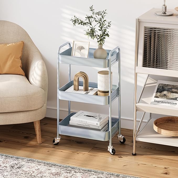 TOOLF 3-Tier Metal Rolling Cart with Wheels, Storage Utility Organizer Cart for Kitchen, Bathroom, Office, Baby Essentials & Makeup - Lockable Casters, Easy Assembly, Large Capacity, Green