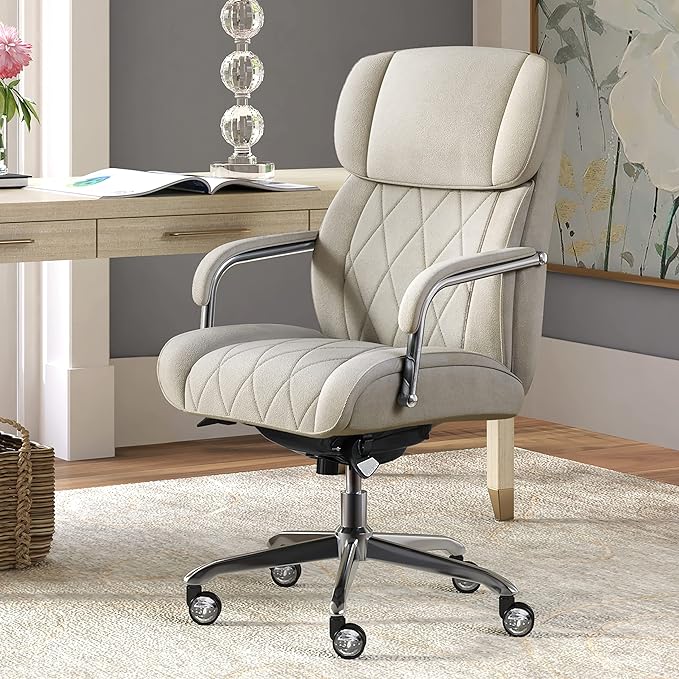 La-Z-Boy Sutherland Quilted Leather Executive Office Chair with Padded Arms, High Back Ergonomic Desk Chair with Lumbar Support, Cream Microfiber Fabric
