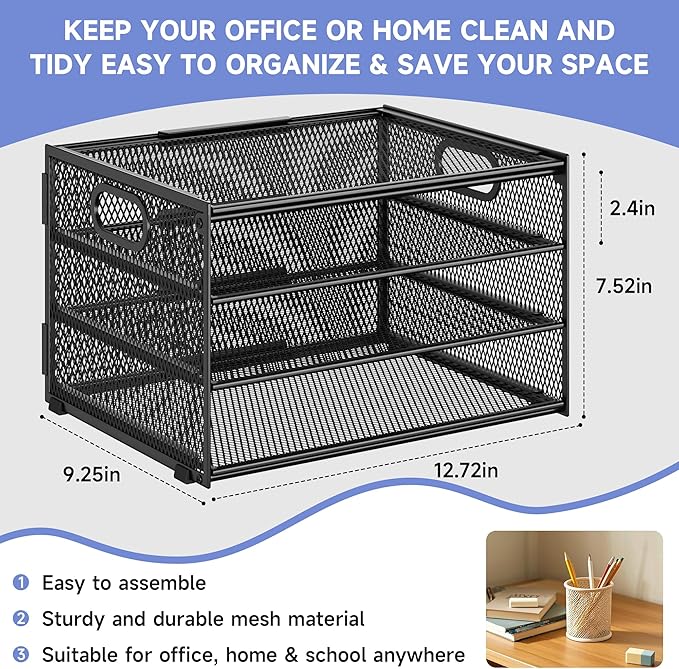 Subekyu Paper Letter Tray Organizer for Desk, Black Metal Mesh Desk File Sorter Organizer with Handle and 2 Sliding Trays for Home Office School Supplies Organization