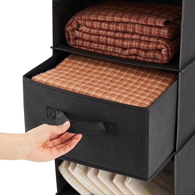 MAX Houser 6 Tier Shelf Hanging Closet Organizer, Closet Hanging Shelf with 2 Sturdy Hooks for Storage, Foldable (Black-D3)