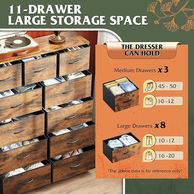 WLIVE Storage Organizer Unit with 11 Fabric Bins, Storage Drawers Organizer with Steel Frame, Tall Storage Tower Organizaton for Living Room, Hallway, Office, Rustic Brown