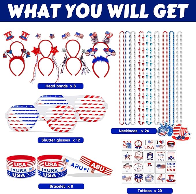 4th of July Patriotic Accessories for kids Including Glasses Necklaces Headbands Bracelets Tattoos for Fourth of July Party Decorations, Independence Day, Memorial Day