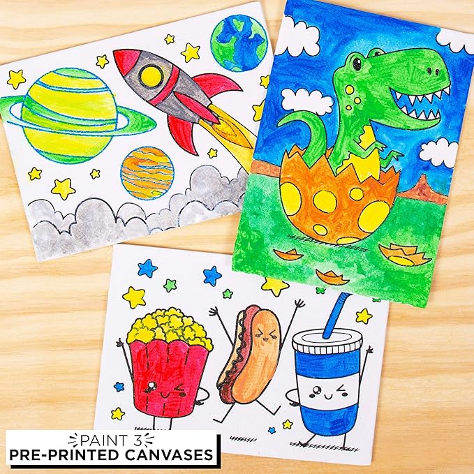 Horizon Group USA Pre-Printed Canvas & Paint Art Set. Ready to Paint 5" x 7" Canvas Panels, 12 Tempera Paints, 6 Easy-Grip Assorted Paintbrushes Included. Dino, Space & Food.